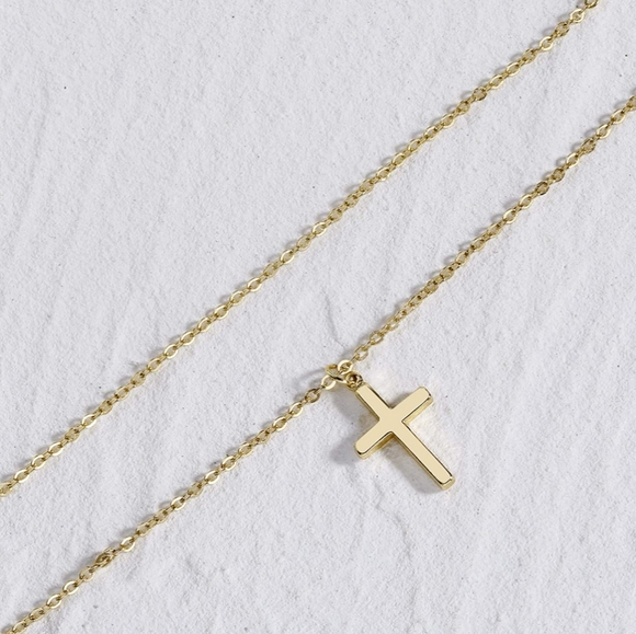 Simple 18k Gold Cross Necklace - Picture 2 of 5